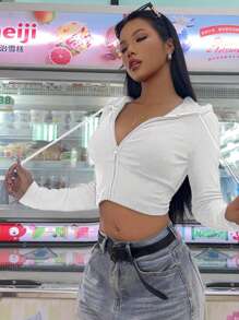 SHEIN EZwear 休闲简约白色女士拉链连帽运动衫，秋冬，长袖上衣 - 白色 - 查看 6