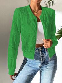 Chiquease Áo khoác thêu rỗng màu trơn giản dị xuân thu cho nữ - màu xanh lá - Xem 4