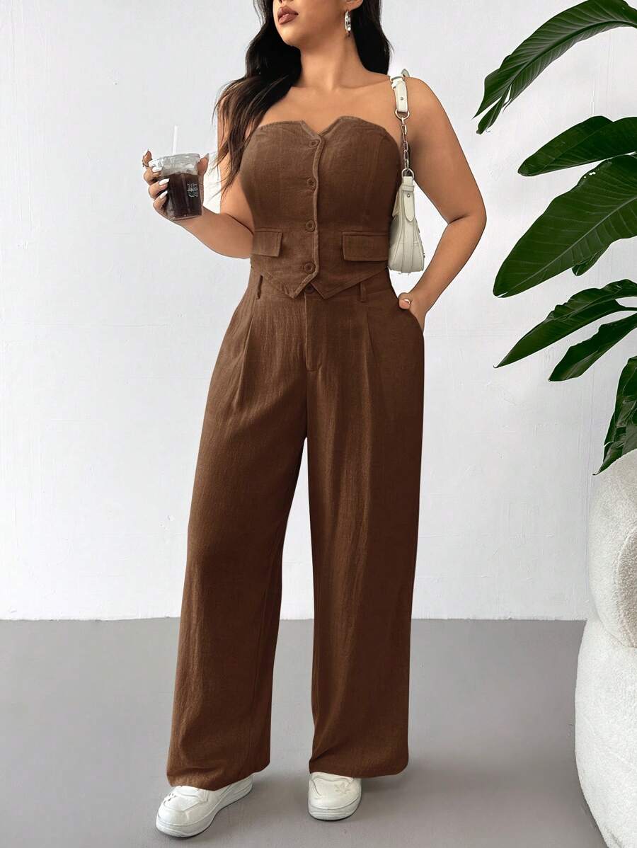 SHEIN EZwear Bộ 2 chiếc áo ống đơn hàng khuy màu trơn mùa hè cỡ lớn dành cho nữ và quần dài có túi thường ngày - màu nâu - Xem 1