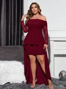 Coutiva Đầm dự tiệc tay dài trễ vai màu đỏ tía cỡ lớn, Đầm dự tiệc cho khách dự tiệc cưới Giáng sinh, Đầm dạ hội - Màu Đỏ Sâu - Xem 7