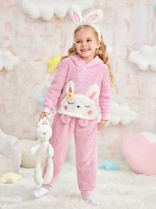2pcs Young Girls Simple Pink Plush Cute Rabbit Pattern Hooded Long Sleeve Top And Pants Sleepwear Set - Baby Pink - View 5