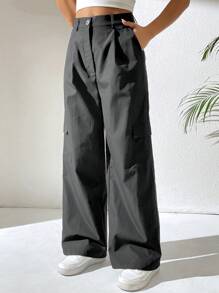 Chiquease Quần ống đứng túi hộp màu trơn đơn sắc thường ngày cho nữ - màu đen - Xem 6