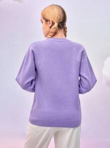 SHEIN X Care Bears Women's Cute Cartoon Bear Pattern Drop Shoulder Loose Sweater,Good Luck Bear For Winter And Fall - Purple - View 2