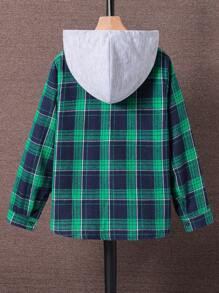 SHEIN Tween Boy 春秋格子长袖拼色连帽休闲衬衫 - 綠色 - 查看 2