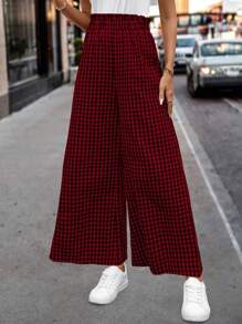 SHEIN Clasi 女士黑红格纹宽松阔腿休闲裤，荷叶边腰带 - 彩色 - 查看 4