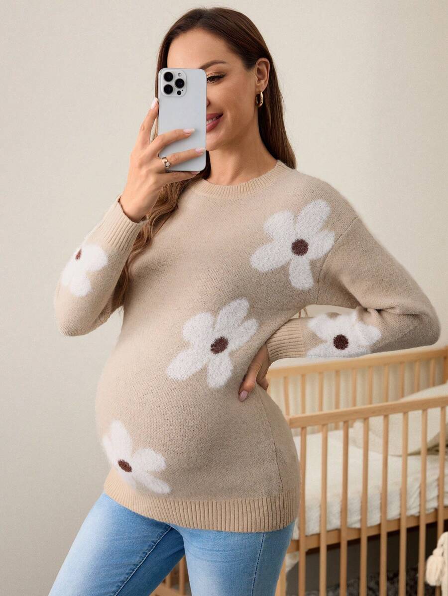 SHEIN Suéter de punto de manga larga para mujeres embarazadas, otoño/invierno - Camel - Ver 1