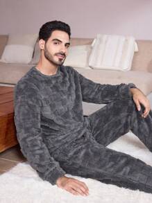 Men's Solid Color Plush Long Sleeve Pajama Set, Fall Clothes - Dark Grey - View 1