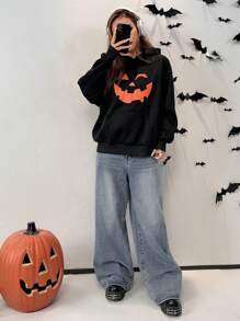 SHEIN EZwear 3件套女士万圣节南瓜骷髅印花连帽卫衣，秋冬款 - 彩色 - 查看 7