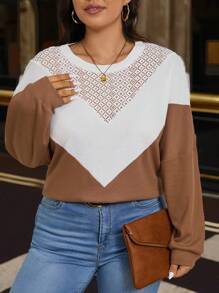SHEIN LUNE Plus Size Women's Spring & Summer Contrast Lace Round Neck Long Sleeve Casual T-Shirt Fall Cloth For Women - Multicolor - View 5