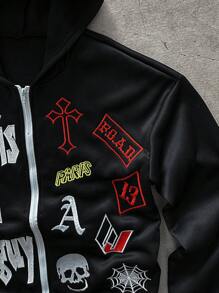 Manfinity EMRG Men's Contrast Color Embroidery Detail Front Zipper Long Sleeve Simplistic Hooded Sweatshirt, Casual Zipper Sweatshirt - Black - View 4