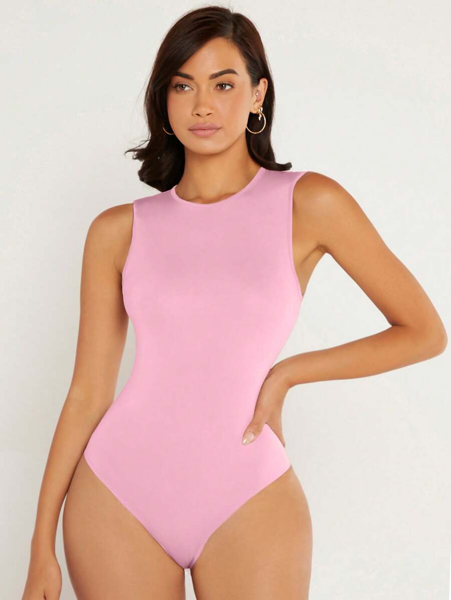 SHEIN BASICS Women's Round Neck Sleeveless Casual Solid Color Bodysuit - Pink - View 1