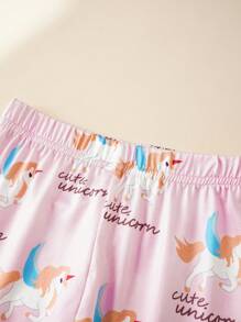 2pcs Young Girls Simple Pink Flying Horse Print Snug Fit Long Sleeve Top And Pants Homewear Set