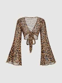 SHEIN MOD Women's Leopard Print Tie Front Long Sleeve Cropped Top,Concert Women Outfit,Hollowed Costumes,Cat Woman Costume,Leopard Costume,Leopard Top,Fall Women Outfits,Long Sleeve Mesh Top,Devil Costume,Hippie Clothes,Sexy Women Tops - Multicolor - View 2