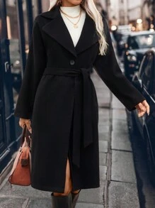 SHEIN Clasi 女士秋冬保暖翻领双排扣长款羊毛大衣 - 黑色 - 查看 6