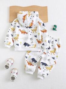 Cozy Pixies Baby Boy 2pcs Cartoon Dinosaur Print Hoodie Sweatshirt And Pants Clothes Set