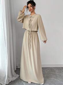 Firerie Women's Simple And Fashionable Vacation Romantic Elegant Front Tie Lantern Sleeve Loose Shirt And High-Waisted Drawstring Skirt Set Hawaii Back To School, Ladies Spring/Fall Casual Knot, Pocket Long Sleeve Loose Khaki Bishop Sleeve Skirt Women Two-Piece Outfits, Casual Daily Wear - Khaki - View 6