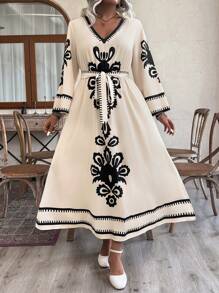 Celure Đầm Maxi Thanh Lịch In Hoa Cổ Chữ V Tay Dài Thắt Eo Cỡ Lớn Cho Nữ - Màu be - Xem 6