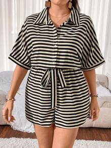 Franclia 大码女式夏季条纹蝙蝠袖短袖宽松休闲衬衫连体裤 - 彩色 - 查看 6