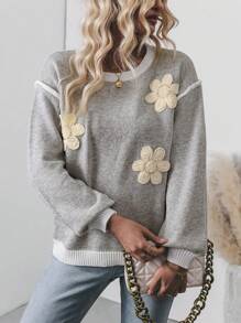 Chiquease Women's 3D Floral Pattern Crew Neck Sweater, Knit Pullover Fall Winter - Grey - View 5