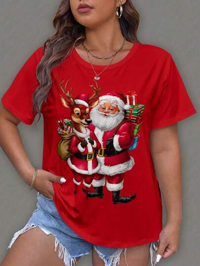 SHEIN LUNE Merry Christmas Santa Claus&Deer Print T-Shirt For Plus Size Women Graphic Tees Women Tops