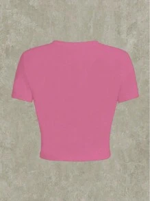 INAWLY Áo thun nữ mùa hè in chữ cổ tròn tay ngắn dáng ôm vừa vặn, áo thun họa tiết Y2k THẬT SỰ CÔ ẤY - Màu Hồng Tươi - Xem 2