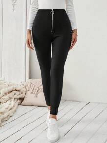 Chiquease 休闲前拉链保暖内衬紧身裤，秋冬季 - 黑色 - 查看 6