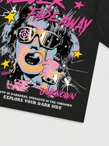 ROMWE MEN Street Life 男士圆领艺术肖像图案短袖 T 恤 - 彩色 - 查看 4