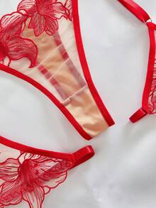 Bộ đồ lót Garter thêu 3 món có gọng - Đỏ - Xem 4
