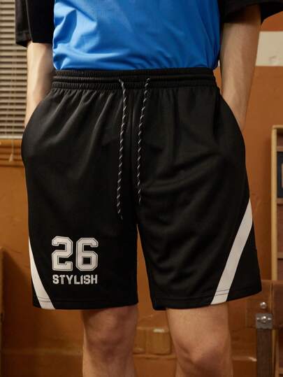 Manfinity Sport Corelite Boyfriend Style Men's Numeric Printed Drawstring Waist Casual Fitness Sports Shorts Athletic Shorts Sweat Pants Black Shorts