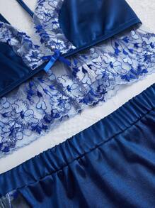 Contrast Lace Trim Deep V Sexy Faux Silk Pajama Set - Royal Blue - View 6