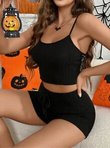 蕾丝骷髅印花万圣节女式睡衣套装