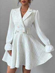 Chiquease Autumn Elegant Tweed Patchwork Sleeve Short Dress - White - View 5