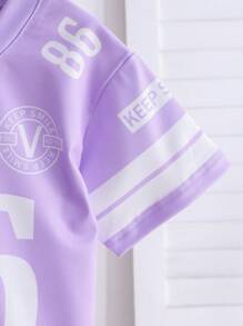 女婴休闲 V 领冰球服，透气字母印花运动服 - 紫色 - 查看 6