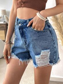 SHEIN VCAY Pantalones cortos de mezclilla azul rotos para mujeres, casual de vacaciones - Lavado ligero - Ver 5