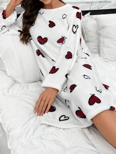 Flannel Heart Print Oversized Long Sleeve Sleep Dress, Fall Fluffy, Cozy view 4