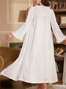 PalaceNights 2pcs/Set Ladies' Ruffle Strap Nightgown And Wrap-Around Wide Sleeve Robe Velvet Pajama Set, Palace Style