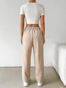 SHEIN EZwear Quần bút chì nhung kẻ xếp ly đơn sắc thường ngày cho nữ - Màu Khaki - Xem 2