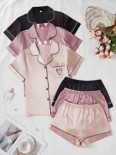 LuxeNights Conjunto de 3 piezas de shorts de manga corta con bolsillo con bordado de corazón y efecto de seda