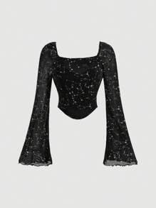 SHEIN MOD Camiseta de mujer de manga de campana con decoración de estrellas en negro y plateado, camiseta gótica, conjunto de mujer, top de manga larga de malla, camiseta de bruja/vampiro, conjunto de mujer para otoño, ropa hippie, conjunto de vaquera para mujer
