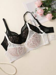 Wedaily 2件套加大码蕾丝内衣胸罩（带钢圈）套装 - 黑與白 - 查看 3