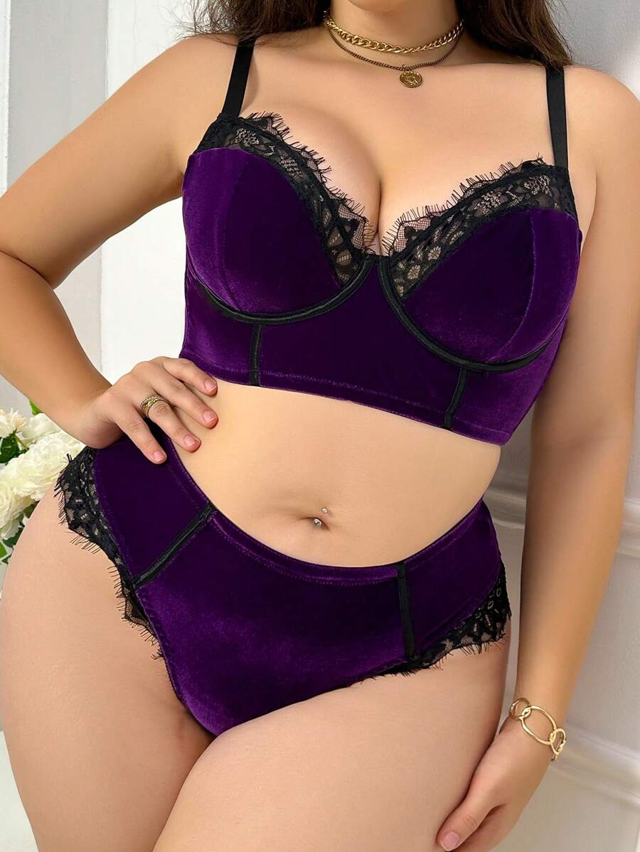 SHEIN Plus Size Women Contrast Lace Contrast Color Lingerie Set, Lift - Purple - View 1