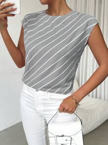 SHEIN Essnce Áo sơ mi nữ mùa hè Áo phông kẻ sọc rộng rãi cho đi làm hàng ngày và mặc thường ngày - Xám - Xem 5