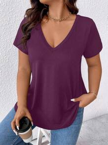 Calvaya Plus Size Women's Summer Solid V-Neck Short Sleeve Casual T-Shirt - Purple - View 5