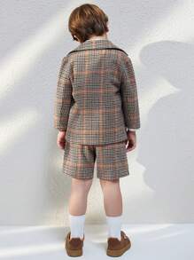 SHEIN Áo khoác dài tay dệt kẻ caro màu nâu thanh lịch cho bé trai tuổi teen, mùa thu đông - màu nâu - Xem 2