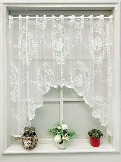 1 pieza Cortina corta semitransparente con patrón floral de encaje blanco, cenefa traslúcida de estilo americano para decoración de ventanas y puertas de sala de estar y dormitorio, decoración de otoño, decoración de otoño, decoración de habitación