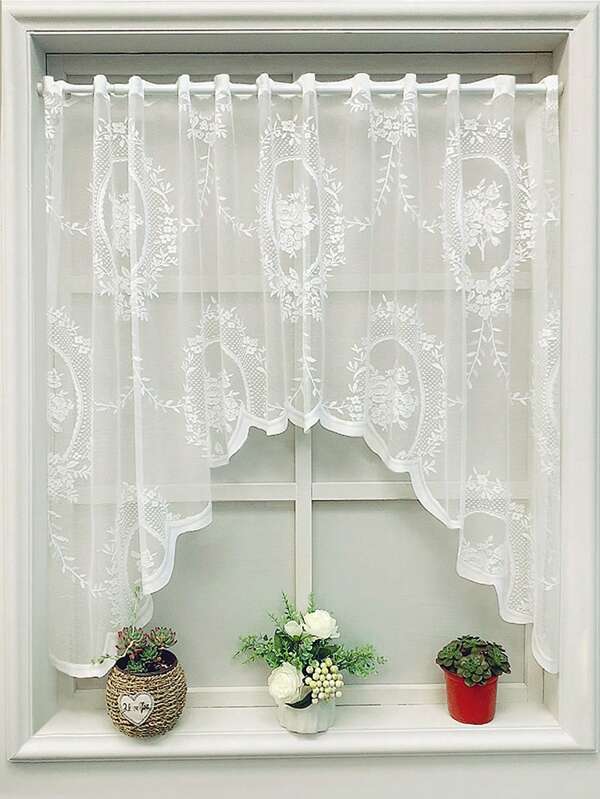 1 pièce Rideau court et transparent à motif floral en dentelle blanche, cantonnière translucide de style américain pour la décoration de fenêtre et porte du salon et de la chambre à coucher
