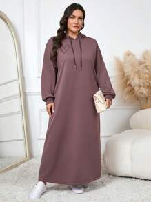 Seusyu Plus Size Drawstring Hooded Long Sleeve Casual Plain Modest Arabian Clothing Plus Size Winter Dress - Brown - View 6