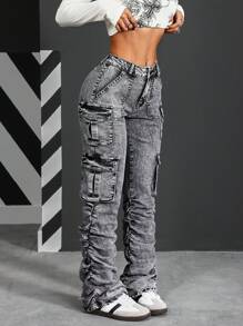 SHEIN PETITE Distressed Washed Ruched Cargo Denim Jeans - Grey - View 1