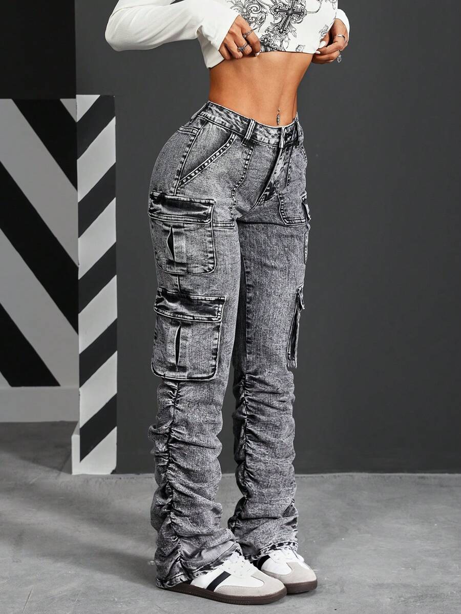 SHEIN PETITE Distressed Washed Ruched Cargo Denim Jeans - Grey - View 1