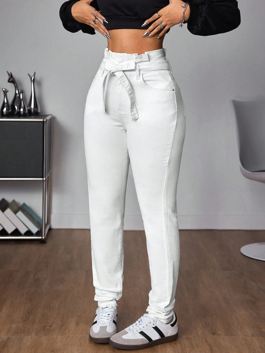 SHEIN Tall Women Casual Elastic Waist Tie Front Pocket Skinny Jeans
